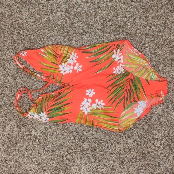 Kona sol red orange tropical floral v wire one piece open tie back swim suit - Picture 2 of 7